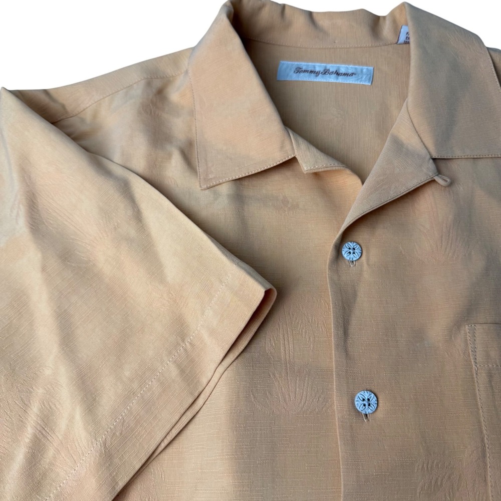 Tommy Bahama Silk Button Down Mens M Orange Good Palm Jacquard Camp Shirt‎